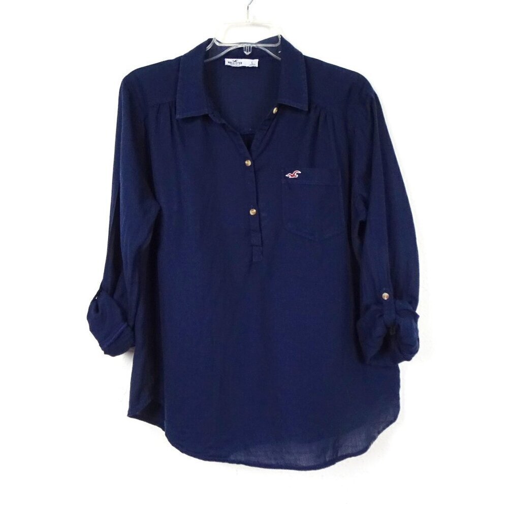 Hollister Tunic Top Blouse Women's Size L Blue Lightweight Cotton Loose Fit